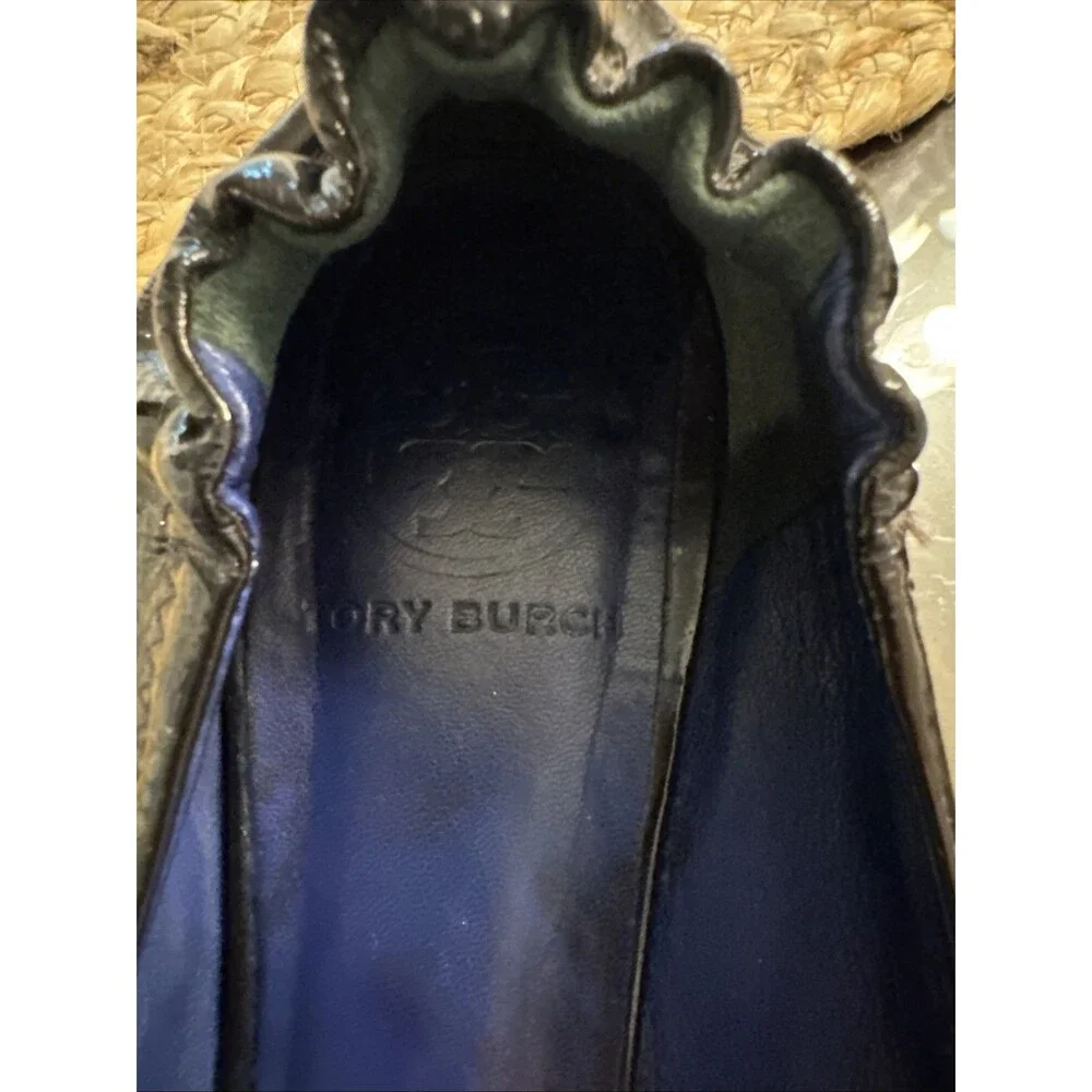 🔥TORY BURCH MINNIE REVA Brown/Blue Patent Leather Logo Ballet Flat Shoe Sz 7.5